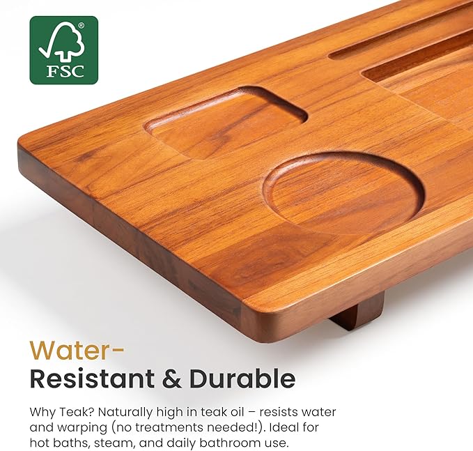Teak Bathtub Tray for Freestanding Bath, 39" Extra Thick Adjustable Spa Caddy - Non-Slip Anti-Tip Wood Organizer for iPad, Wine & Book - Artisan Natural Finish, Perfect Self-Care Gift