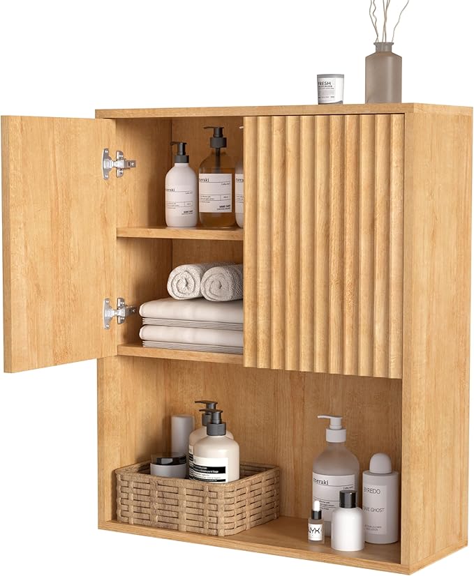 Fluted Bathroom Wall Cabinet Over The Toilet Storage,Wall Mounted Cabinet with Adjustable Shelf,Floating Cabinet Organizer Hanging Cabinet,Kitchen and Laundry Room Cabinets (Oak, 1 PC)