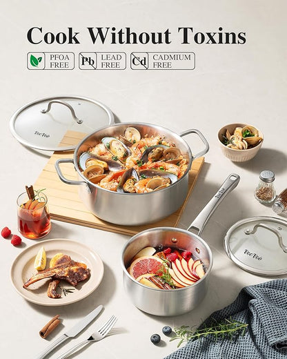 Stainless Steel Cookware Set,Tir-Ply Pots and Pans Set,13 Pcs Stainless Steel Induction Kitchen Cookware Sets,PFOA Free, Frying Pans, Butter warmer,Saute Pan & Stock Pot,Compatible with All Cooktops