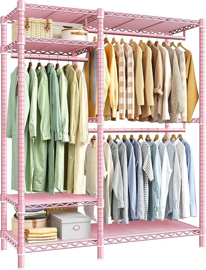 Raybee Portable Closet 780LBS, Heavy Duty Clothes Rack, Freestanding Clothing Rack with 3 Hanging Rods & 6 Shelves, Adjustable Wardrobe Closet Organizer System, Pink