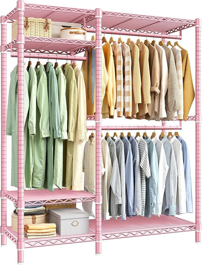 Raybee Portable Closet 780LBS, Heavy Duty Clothes Rack, Freestanding Clothing Rack with 3 Hanging Rods & 6 Shelves, Adjustable Wardrobe Closet Organizer System, Pink