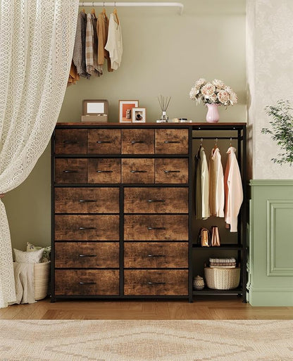 GarveeHome Dresser with 16 Drawers & Hanging Rod & Shelves, Fabric Storage Organizer for Bedroom, Closet, or Entryway