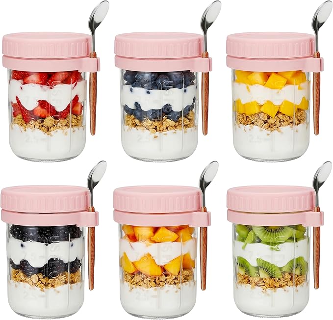 OcePor 6 Pack Overnight Oats Containers with Lids and Spoons, 16 OZ Glass Mason Overnight Oats Jars, Large Capacity Airtight Jars for Milk, Cereal, Fruit (Pink+Wooden-handled spoon)