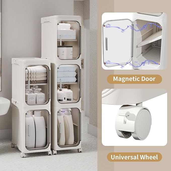 5-Tier Tall Slim Narrow Bathroom Storage Cabinet, White | Tool Free Assembly, Adjustable shelves, Fits for Narrow Spaces, Lockable Wheels, Magnetic Clear Door