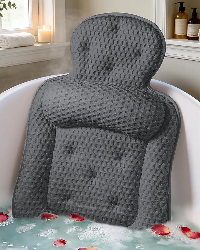 Bath Pillows for Tub, Comfortable Bathtub Cushion for Head and Neck with Soft 3D Mesh Fabric and 54 Non-Slip Suction Cups, Relaxing Tub and Shower Accessories Spa Gift Dark Gray Extra Thick