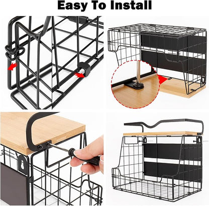 Livabber Magnetic Fridge Organizer Basket with Wood Shelf, Large Fruit Vegetable Storage Bin, Spices Snacks Condiments Rack for Kitchen Pantry, Laundry Room, Office, Magnetic or Wall Mount (Black)