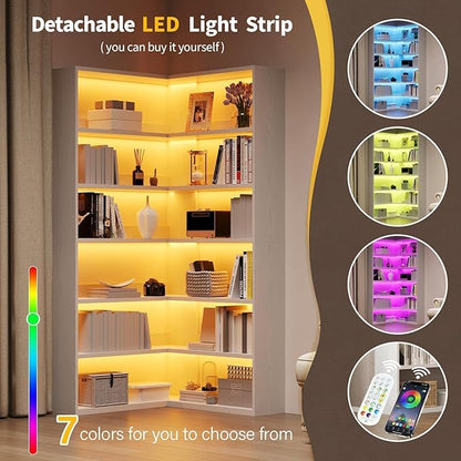 4 EVER WINNER Corner Book Shelf with LED Lights, 71” Corner Bookshelf for Living Room, Study Room, Wooden Storage Display Industrial l Shaped Bookshelf, White