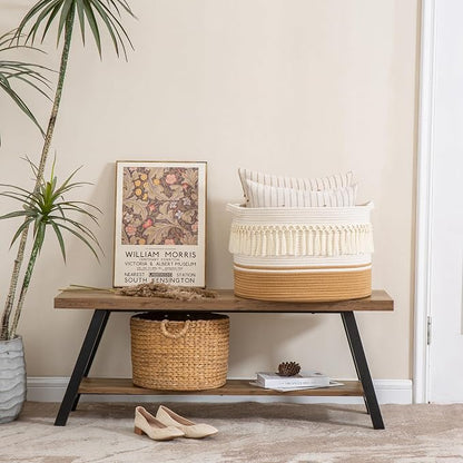 KAKAMAY Large Blanket Basket (20"x13"),Woven Baskets for storage Baby Laundry Hamper, Cotton Rope Blanket Basket for Living Room, Laundry, Nursery, Pillows, Baby Toy chest (Brown Fringe)