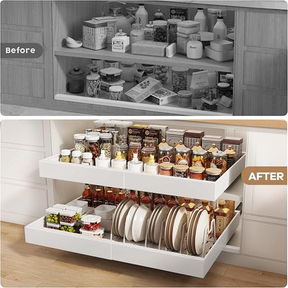 Seinloes 4 Pack Pull out Cabinet Organizer 21" Deep With Raising Pad for Framed Cabinets,Expandable (15.2"-26.3"W) Slide out Drawers for Kitchen Cabinets with 4pcs Divider Racks,Roll out Shelves,White