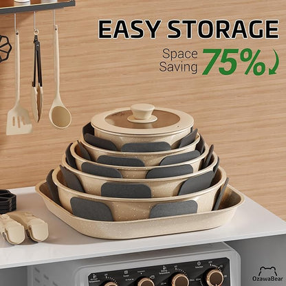 26 Pcs Pots and Pans Set Non Stick, Ceramic Cookware Set Non Toxic with Detachable Handles, Healthy Induction Cookware Oven Safe RV Kitchen Set, PFAS PFOA & PTFE Free, Taupe