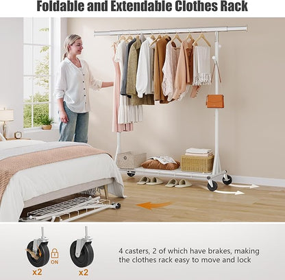 Heavy Duty Clothes Rack, 530 lbs Load Capacity Metal Garment Rack on Wheels - Collapsible Adjustable Portable Storage with Hooks, White