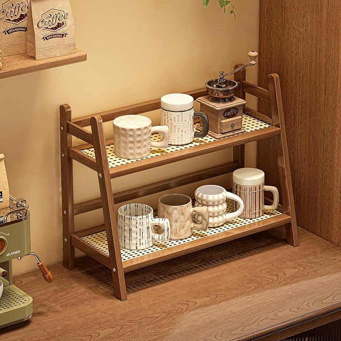 Coffee Station Organizer, Mug Holder Countertop, Kitchen Counter Shelf for Tea Coffee Bar Accessories, Matcha Stand, Cup Display, Condiment Storage Rack, 2 Tier, Brown