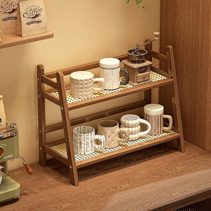 Coffee Station Organizer, Mug Holder Countertop, Kitchen Counter Shelf for Tea Coffee Bar Accessories, Matcha Stand, Cup Display, Condiment Storage Rack, 2 Tier, Brown