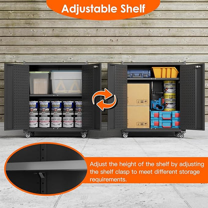 Garage Storage Cabinet with Wheels & Pegboard, 34.3" H Locking Metal Tool Storage Cabinet with Doors and Shelf & 4 Hooks for Garage, Home, Workshops, Assembly Required, Black