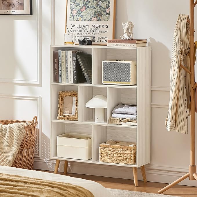 LEYAOYAO Cube Bookshelf 3 Tier Mid-Century Light Grey White Modern Bookcase with Legs,Retro Wood Bookshelves Storage Organizer Shelf,Freestanding Open Book Shelves for Bedroom,Living Room,Office