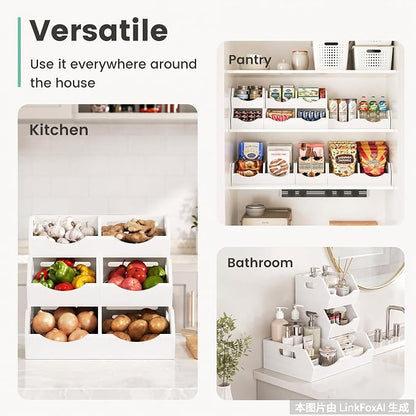 Potato and Onion Storage Bin, 3 Tier Bamboo Kitchen Storage Rack, Stackable Ventilated Pantry Organizer with Handles for Garlic Peppers Vegetables, Countertop Produce Bins, White(Assembly Required)