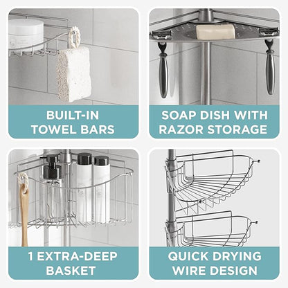 Zenna Home Tension Pole Shower Caddy Corner Organizer, Adjustable Standing Shower Caddy with 3 Shelves and Soap Tray, Rust Resistant Bathroom Tension Rod Organizer, 60 to 97 Inch, Satin Nickel