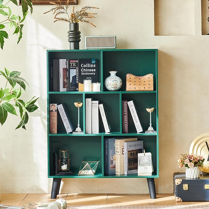 LEYAOYAO Cube Bookshelf 3 Tier Mid-Century Dark Green Modern Bookcase with Legs,Retro Wood Bookshelves Storage Organizer Shelf,Freestanding Open Book Shelves for Bedroom,Living Room,Office