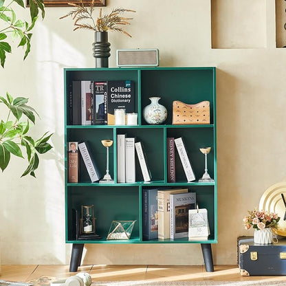 LEYAOYAO Cube Bookshelf 3 Tier Mid-Century Dark Green Modern Bookcase with Legs,Retro Wood Bookshelves Storage Organizer Shelf,Freestanding Open Book Shelves for Bedroom,Living Room,Office