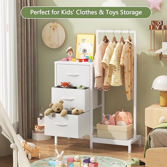 Dresser for Bedroom with Hanging Rack, 3 Drawers Dresser for Bedroom - White
