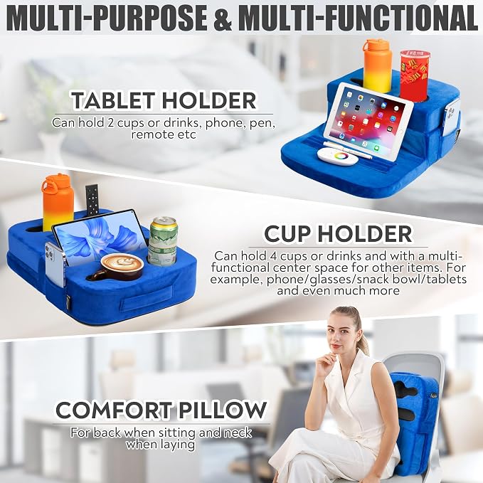 TabCouchCaddy - Couch Cup Holder Tray Pillow - Bed, Couch Caddy, Sofa, RV & Car - Holds Drinks, Snacks, Remotes, Phones, Kindle, Tablet | Bed Cup Holder (Blue)