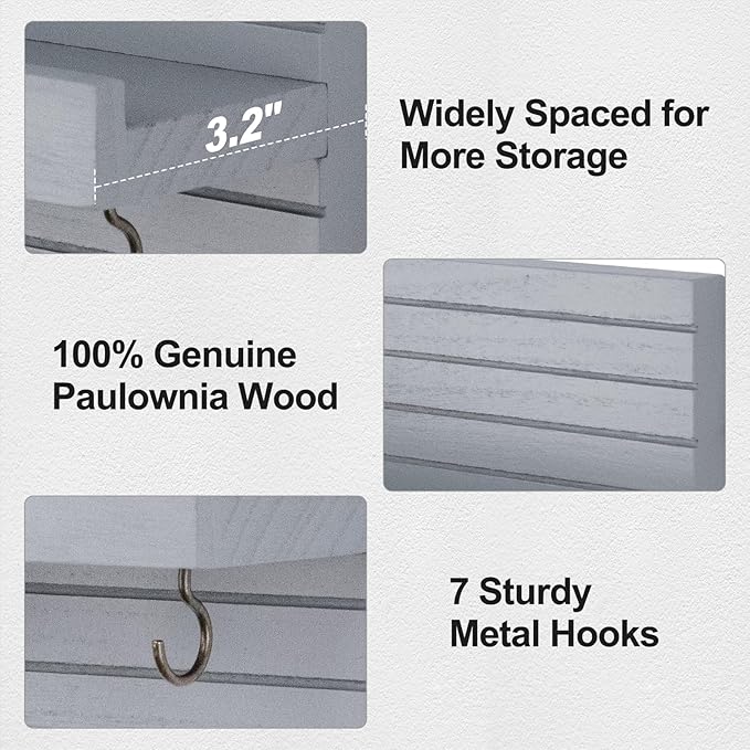 Decorative Key Holder for Wall with Shelf, Entryway Shelf with Hooks Holds Leashes, Jackets and Glasses – Sturdy Wood Keyholder Entrance Hanger with Mounting Hardware (Gray, Large)