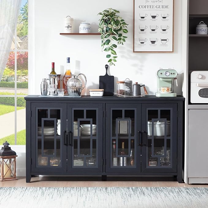 Large Sideboard Buffet Cabinet with Storage, 63" Black Farmhouse Kitchen Coffee Wine Bar Cabinet with 4 Glass Doors, Mid Century Modern Wooden Side Board Table for Dining Room, Living Room