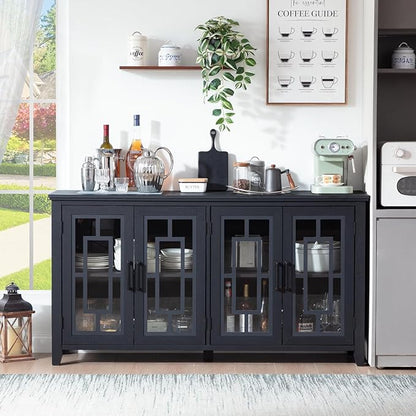 Large Sideboard Buffet Cabinet with Storage, 63" Black Farmhouse Kitchen Coffee Wine Bar Cabinet with 4 Glass Doors, Mid Century Modern Wooden Side Board Table for Dining Room, Living Room