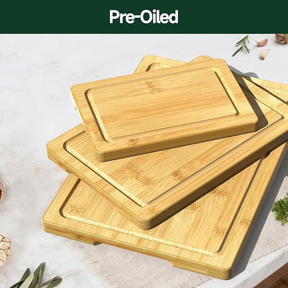 3-Piece Set Bamboo Cutting Board for Kitchen - Crack-Resistant Wood Chopping Boards with Deep Juice Grooves, Pre-Oiled Butcher Block for Meat, Vegetables & Cheese, Natural
