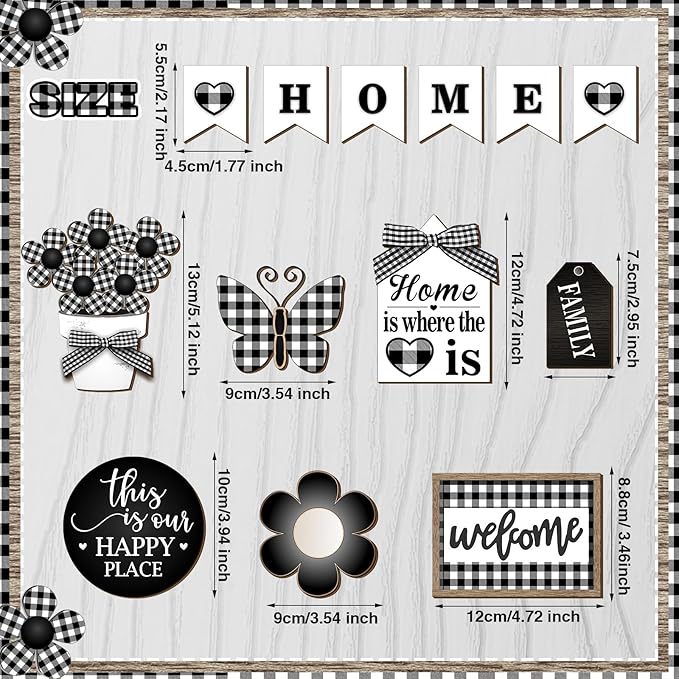 11 Pcs Home Tiered Tray Decor Buffalo Plaid Black White Rustic Farmhouse Tiered Tray Decorations Set Home Wooden Signs Vintage Farm Animal Tabletop Wood Signs for Kitchen Table Shelf Decor