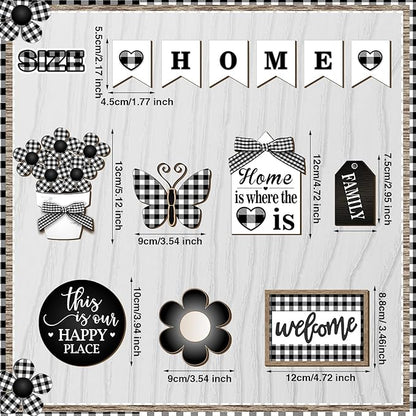 11 Pcs Home Tiered Tray Decor Buffalo Plaid Black White Rustic Farmhouse Tiered Tray Decorations Set Home Wooden Signs Vintage Farm Animal Tabletop Wood Signs for Kitchen Table Shelf Decor