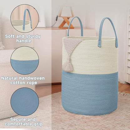 JMvicyroam Large Woven Laundry Basket Hamper,80L Cotton Rope Storage Bin for Blankets,Toys and Clothes,Decorative Tall Nursery Hamper for Living Room,Baby Nursery,Bathroom and Bedroom,White and Blue