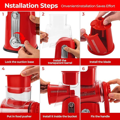 SUSTEAS Rotary Cheese Grater with Handle - Vegetable Shredder with 5 Well-designed Blades & Strong Suction Base,Round Mandoline Slicer & Food Chopper for Kitchen,with Blade Storage Box(Red)