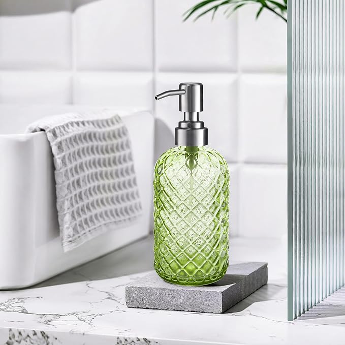 14 Oz Refillable Glass Soap Dispenser with Rust Proof Stainless Steel Pump, for Dispense Hand soap, Body wash, Lotion 2pack (Green)