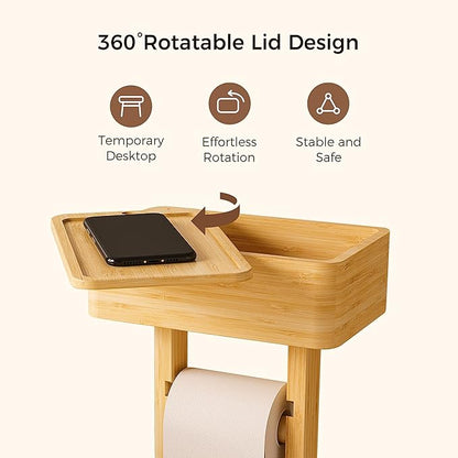 Wealone 4-in-1 Toilet Paper Holder Stand with Storage Shelf Box, 360° Rotating Bamboo Free Standing Toilet Tissue Roll, Toilet Wipes Dispenser Organizer Desktop for Bathroom Decor (Patented)