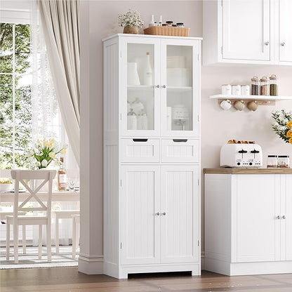 HORSTORS 67" Tall Bathroom Storage Cabinet, Freestanding Linen Cabinet with Glass Door and Shelves, Kitchen Pantry with 2 Drawers for Bathroom, Living Room, Dining Room, Office, White