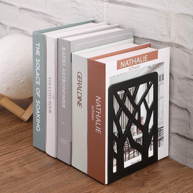 MaxGear Book Ends Tree Design Modern Bookends for Shelves, Non-Skid Bookend, Heavy Duty Metal Book Stopper for Books/CDs, Decorative Books Shelf for Home,7 x 4.7 x 3.5”, Black, 3 Pair/6 Pieces, Large