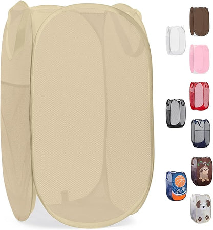 Handy Laundry Collapsible Mesh Pop Up Laundry Hamper with Side Pocket, Breathable & Space-Saving Foldable Basket for Clothes, Toys, Travel, Storage, 14 x 13 x 24 in, Beige