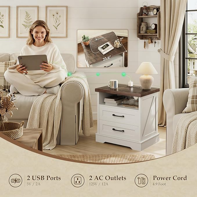 AODK 24 Inch Farmhouse Nightstand with Charging Station, Wood Bedside Table with 2 Drawers and Open Shelf, Rustic End Table with Outlet and USB, White & Dark Walnut