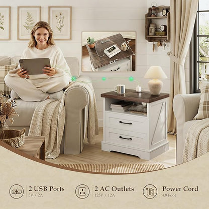AODK 24 Inch Farmhouse Nightstand with Charging Station, Wood Bedside Table with 2 Drawers and Open Shelf, Rustic End Table with Outlet and USB, White & Dark Walnut