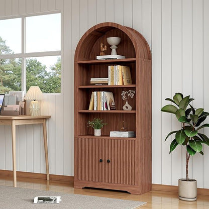 70" Arched Bookcase with Storage, 6 Tier Bookshelf with Door, Freestanding Display Storage Cabinet Farmhouse Storage Shelves for Living Room,Bedroom Home Office,Walnut Oak-2