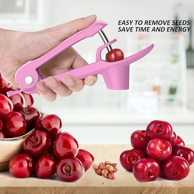 Cherry Pitter - UCMORX Stainless Steel Cherries Pitter Tool Cherries Corer Cherry Remover for Making Cherry Jam with Lock Design(Pink)