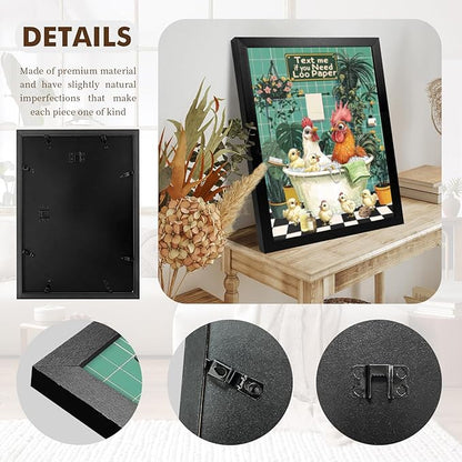 Funny Chicken Bathing And Playing Bathroom Wall Decor-Cute Poultry Farmhouse Decor, Framed Animal Wall Decor For Bathroom Washroom Restroom Decor Rustic Humor Wall Poster (Black Framed) 8x10 Inch