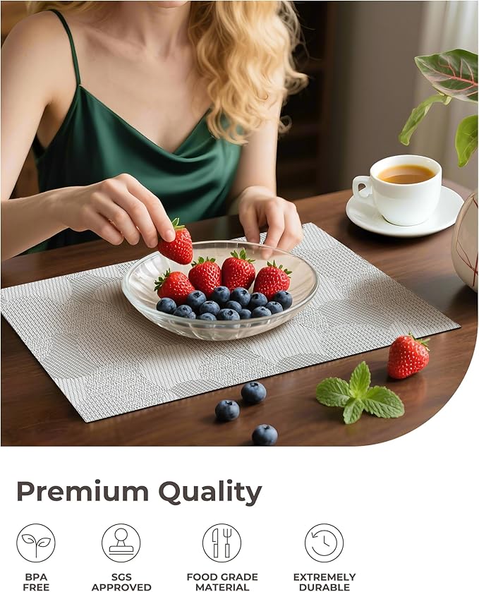 Leetaltree White Placemats Set of 12 - Heat Resistant Non-Slip Place mats for Dining Table, Washable Durable PVC Vinyl Woven Table Mats（White Circle,12）