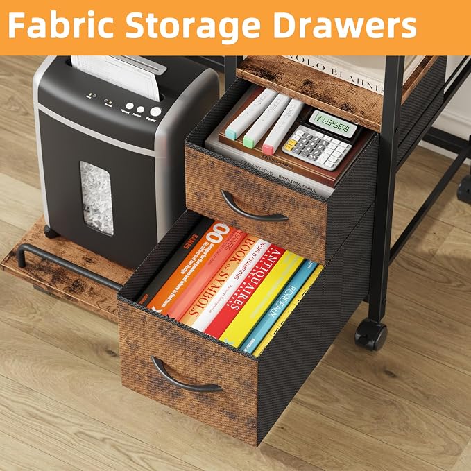 YAOHUOO Printer Stand with Power Outlet/Fabric Drawers, Printer Cabinet with Storage Shelf and Rolling Shredder Stand, Printer Table for Home Office, 22.8"×15" Rustic Brown