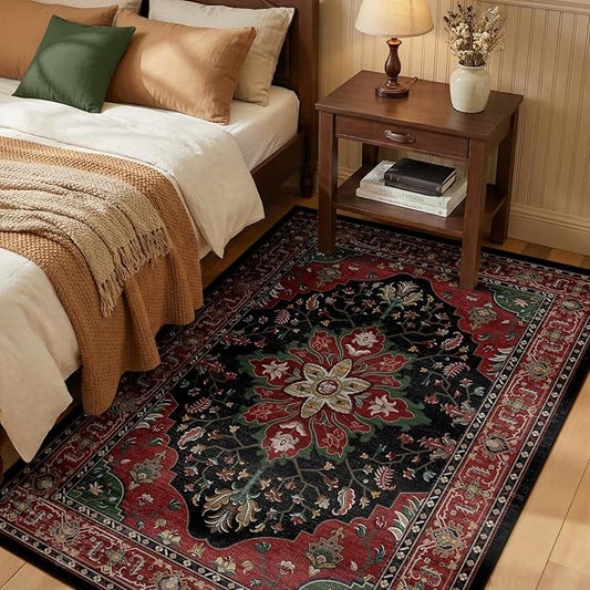 RELEANY Area Rugs 3'x4' Washable Non-Slip, Floral Vintage Distress Medallion Carpet for Living Room Bedroom Dining Room, Red Black