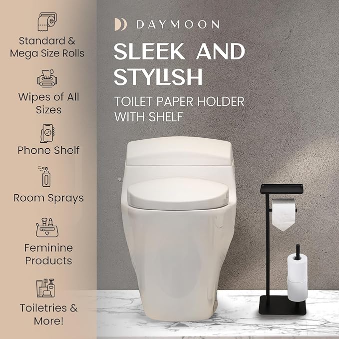 Day Moon™ Matte Black Toilet Paper Holder Free Standing Toilet Paper Holder with Storage - Toilet Paper Stand and Tissue Holder for Bathroom - Toilet Paper Holder with Shelf and Wipe Holder