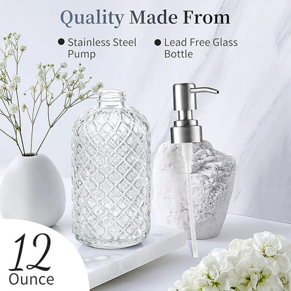 14 Oz Refillable Glass Soap Dispenser with Rust Proof Stainless Steel Pump, for Dispense Hand soap, Body wash, Lotion 2pack