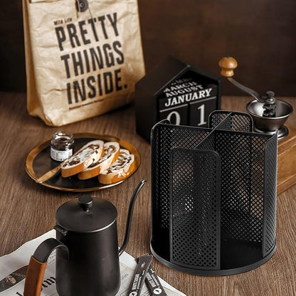 Rotating Paper Cup Dispenser, Cup Holder with 4 Compartments, Disposable Coffee Cup Dispenser Removable, Plastic Cup Storage & Lid Holder for Countertops, Kitchen, Coffee Stations (Black)