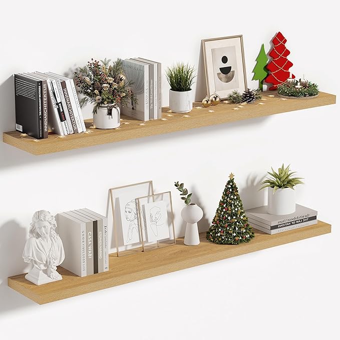 Vivelove 10" Deep Floating Shelves with Invisible Brackets, 47" Wall Shelves for Bathroom Bedroom Kitchen Living Room Laundry Room, Modern Rustic Shelves for Home Decor, 47.2"x10.2"x1.5"Set of 2, Oak
